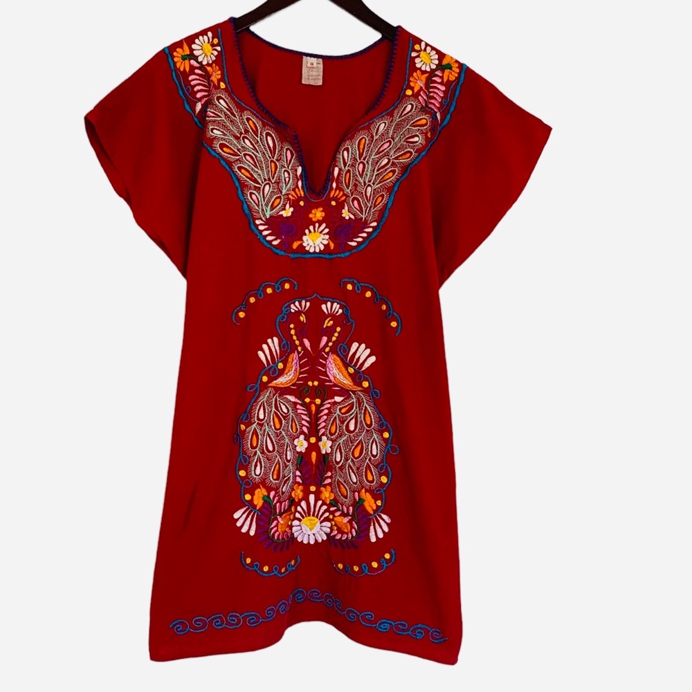 Vintage Embroidered Red Cotton Dress Size M